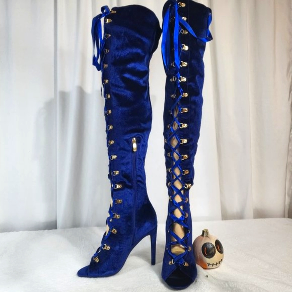 * Cape Robbin Navy Blue Satin Lace Up High Heel Thigh Boots - Picture 2 of 11